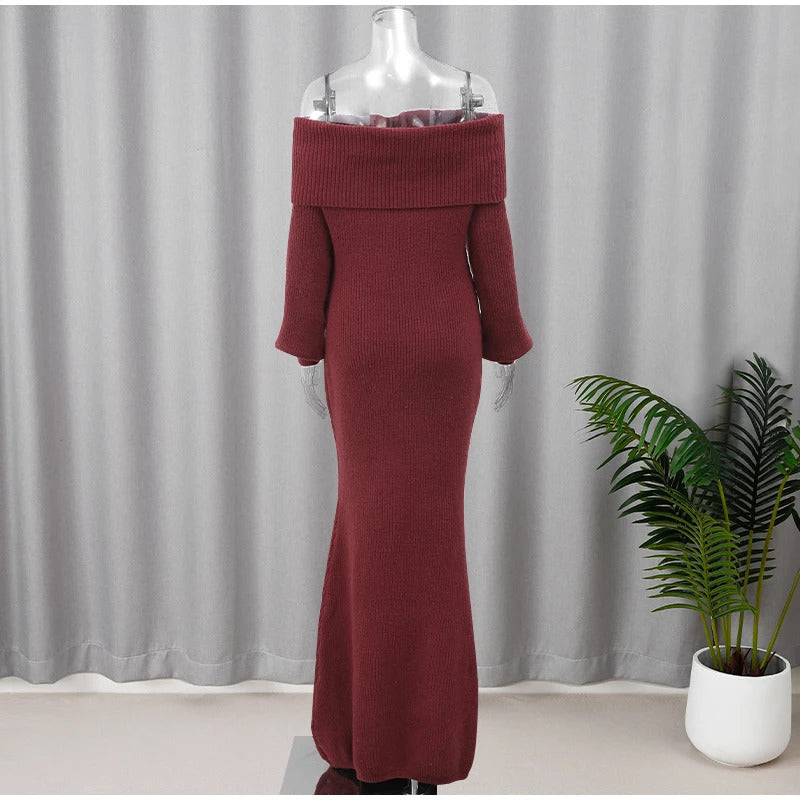 Women Burgundy Knitted Long Sweater Fashion Off-the-shoulder Pullover Long Dress Fall Winter Female Party Commuter Outfit