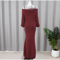 Women Burgundy Knitted Long Sweater Fashion Off-the-shoulder Pullover Long Dress Fall Winter Female Party Commuter Outfit