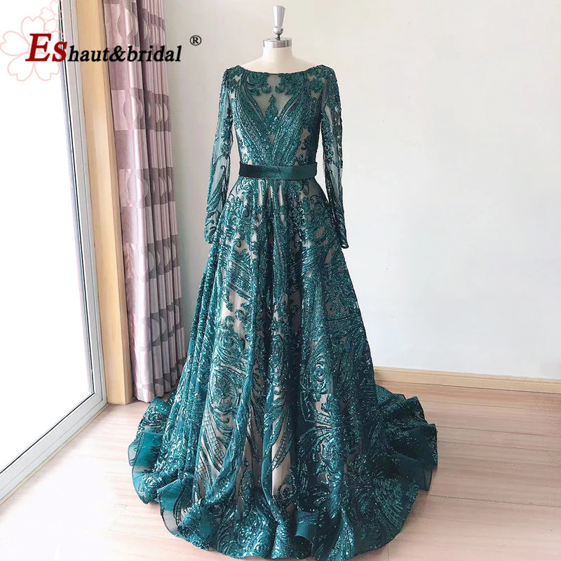 Dubai A-Line Luxury Wedding Evening Dress for Women Muslim 2024 Long Sleeves Sequin Plus Size Formal Prom Party Gown Customized