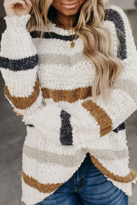 Light Pink Striped Popcorn Knit Sweater