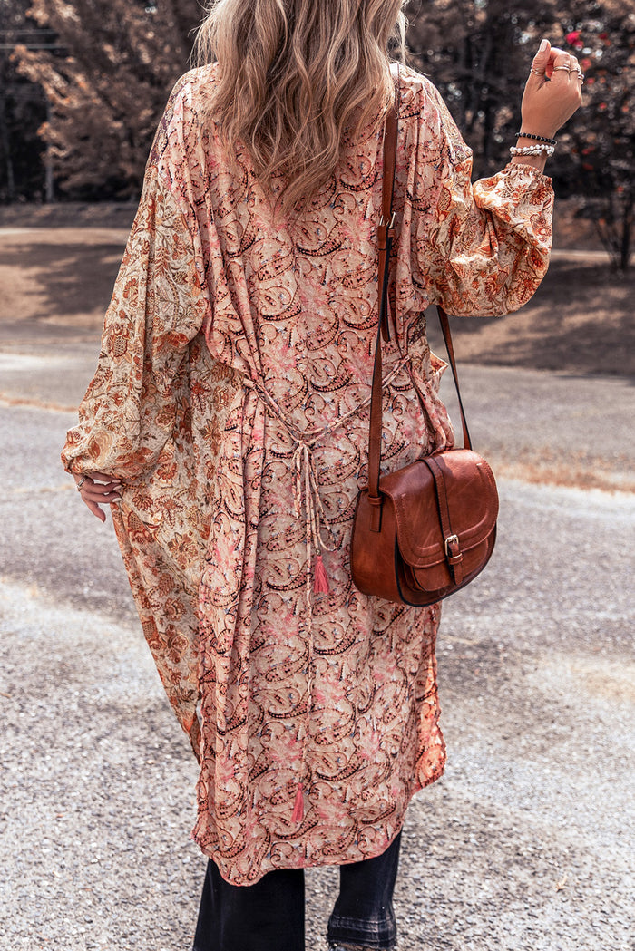 Gold Flame Bubble Sleeve Floral Print Open Front Top