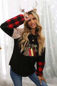 Black Christmas Tree Graphic Sequin Plaid Long Sleeve Top