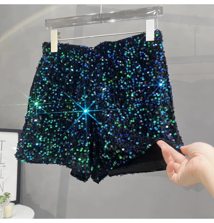 Europe and America Sequined Black Shorts Slim Suede Embroidered Beads Grey Casual Pants Women's Hot Pants