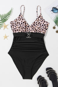 Black Animal Print Belted Ruched V Neck One-piece Swimsuit