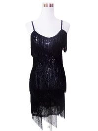 Women Sexy Tassel  Latin Dress Tiered Fringe Flapper Dress Evening Nightclub Dancing Fancy Costumes C-Neck Sequin Dress