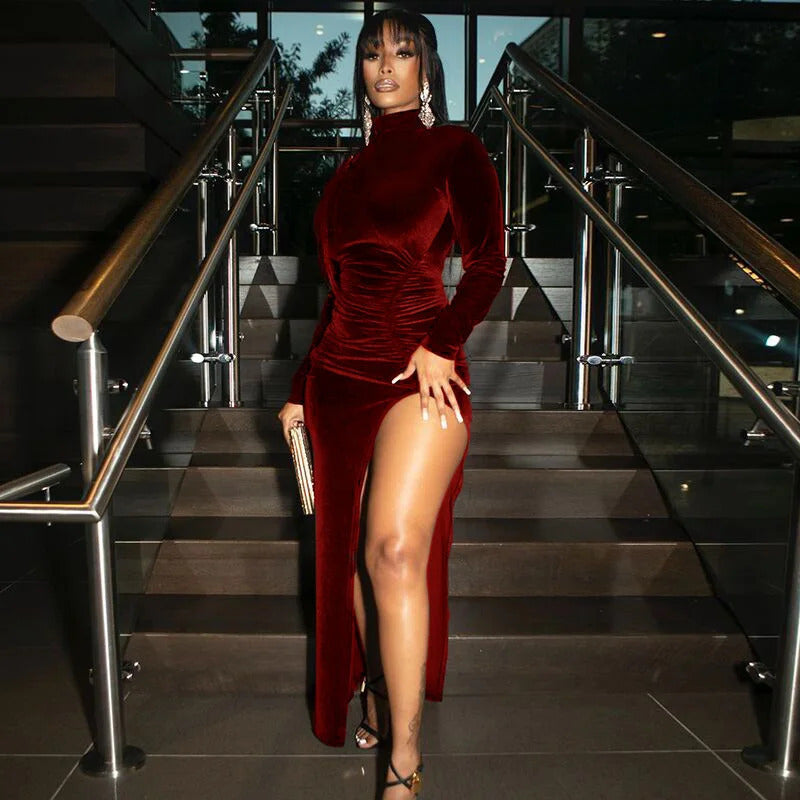 Autumn Winter Women Solid Velvet Long Sleeve Ruched Midi Dress Side Slit Bodycon Sexy Streetwear Party Elegant Club