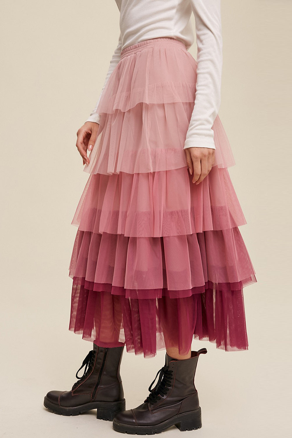 Pink Gradient Ruffle Tiered Mesh Maxi Skirt