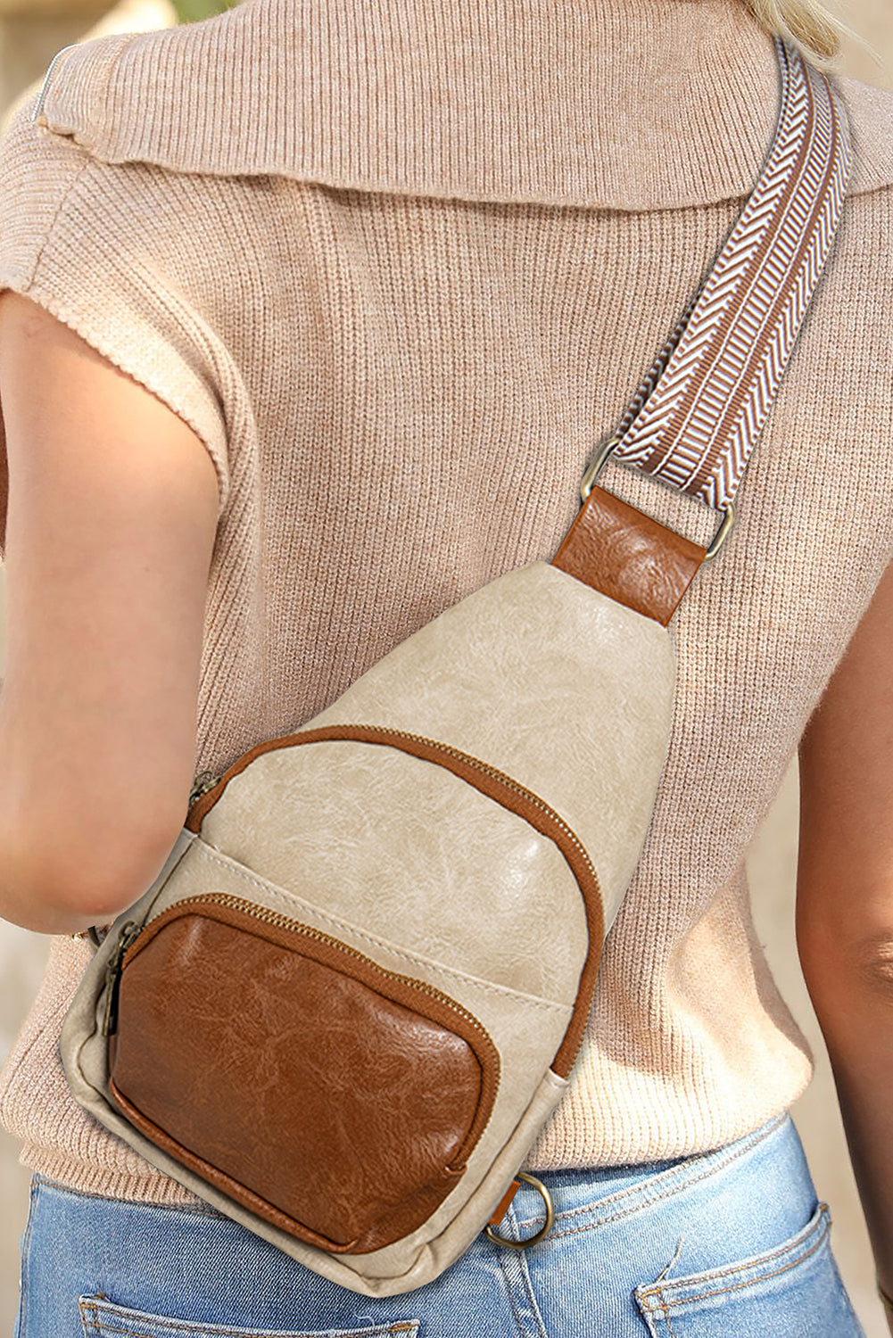 Brown Contrast PU Leather Patchwork Crossbody Bag