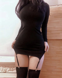 WOMENGAGA Sexy Long Sleeve Mini Dress Socks NEW High Waist Thin O Neck Elegant Fairy Women Korean Hot Sexy Dresses autumn 763G