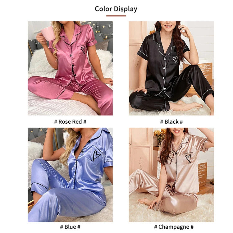 Women's Pajama Pocket Heart Embroidered Pajama Set Satin Comfortable Short Sleeve Button Pajama Lounge Pant For Women Sleepwear