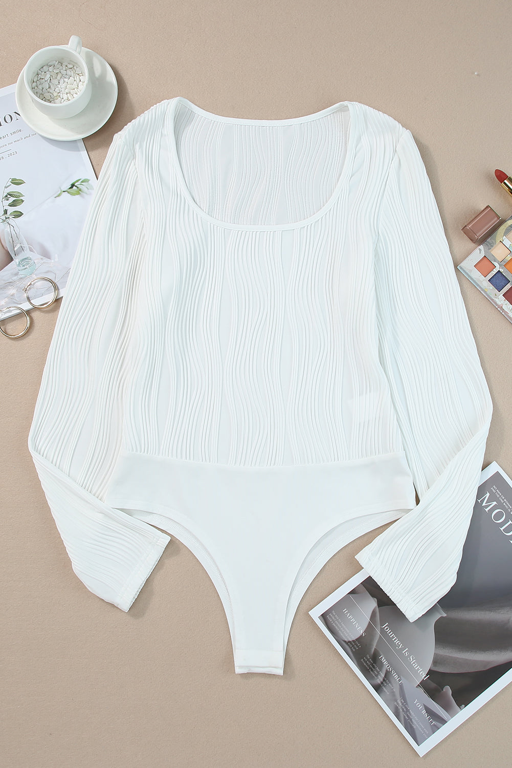 White Ribbed Knit Long Sleeve Square Neck Bodysuit