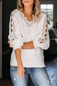 Gray Lace Splicing V Neck Pullover Sweater