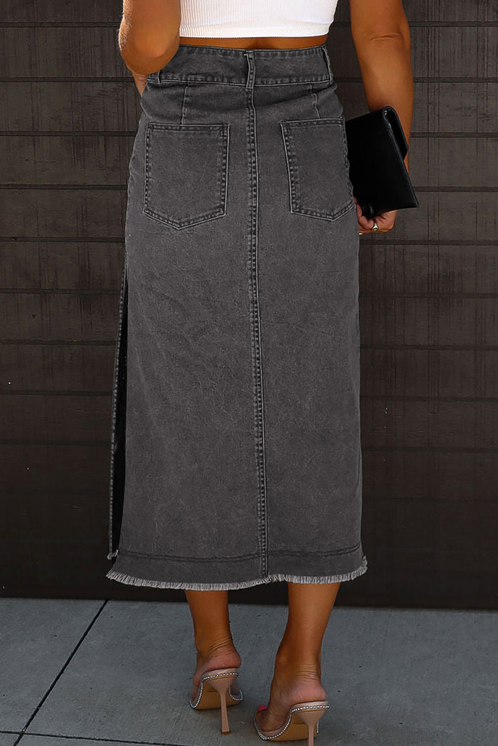 Black Raw Edge Side Slits Buttoned Midi Denim Skirt