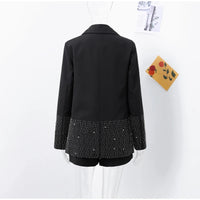 Elegant Rhinestone Jacket Sets Women Shinny Black Lapel Long Sleeve Button Jackets Mini High Waist Shorts Fashion Party Outwear