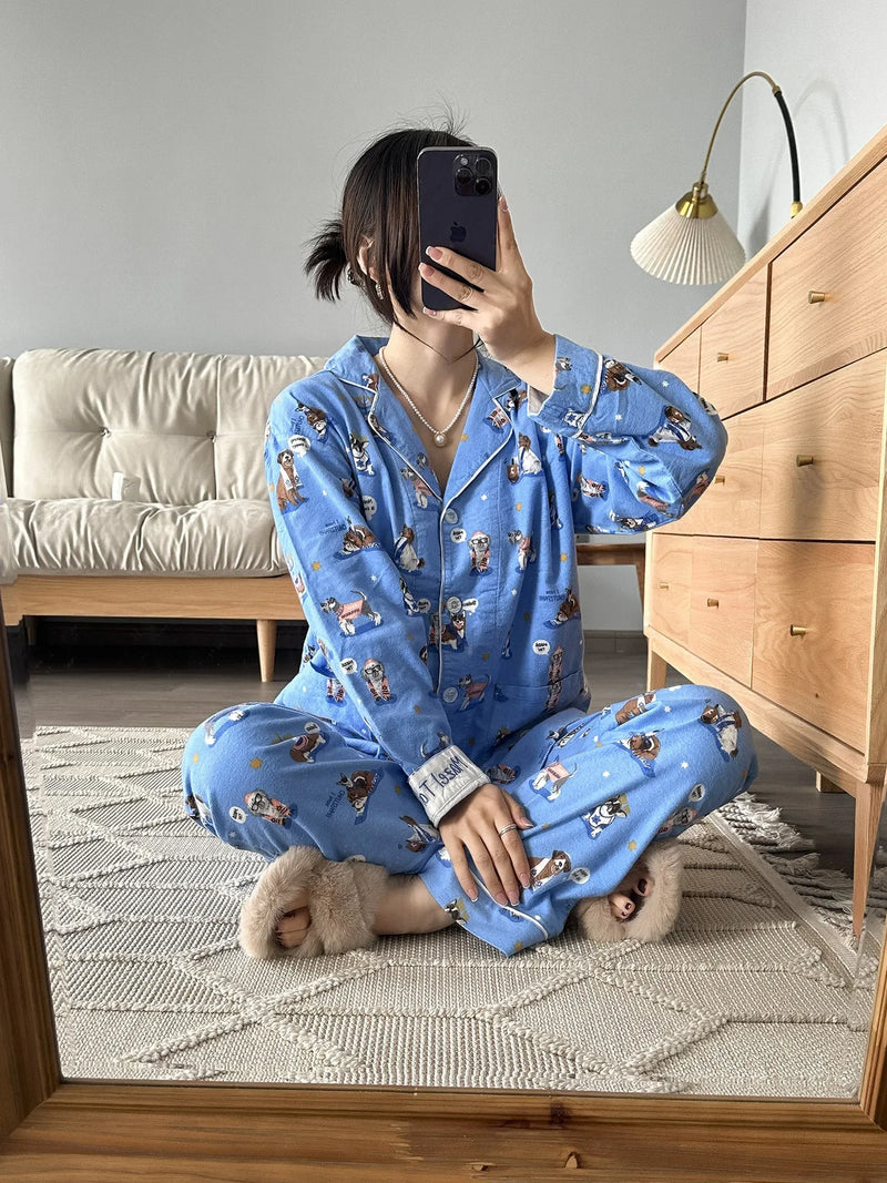 100% Cotton Pajamas for Women Loose Cartoon Long Sleeve Pants Loungewear Women 2 Piece Set Pj Women Outfit Sleepwear Set Pijamas