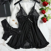 Sexy Lingerie Set Women Erotic Bra Nightdress Sexy Lace Sleepwear Solid Slim Soft Dresses V Neck Full Slip Sleepwear & Dresses