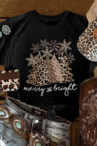 Black Leopard Christmas Tree Graphic Crew Neck T Shirt