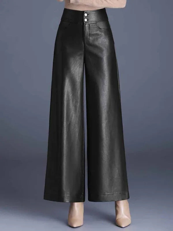 ZUZK High Quality Women PU Leather Wed Leg Pants  Autumn Winter Fashion Warm Long Leather Pants Elegant LeatherTrousers