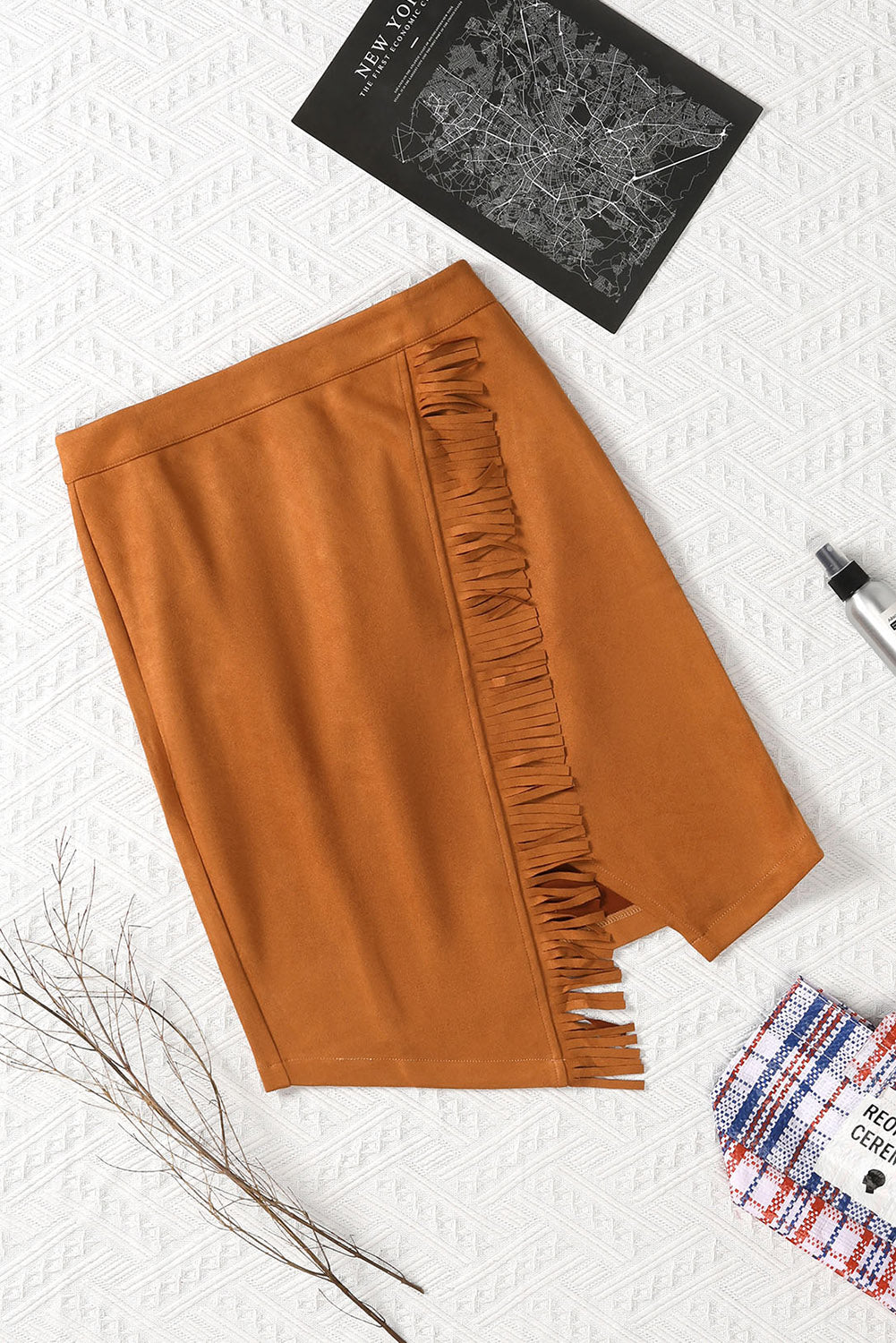 Brown Fringed Wrap Western Midi Skirt