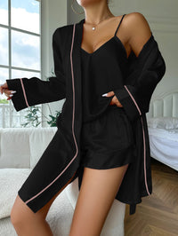 Simple Satin Pajama Set Long Sleeve Belted Robe  V Neck Cami Top And Shorts Women's Sleepwear