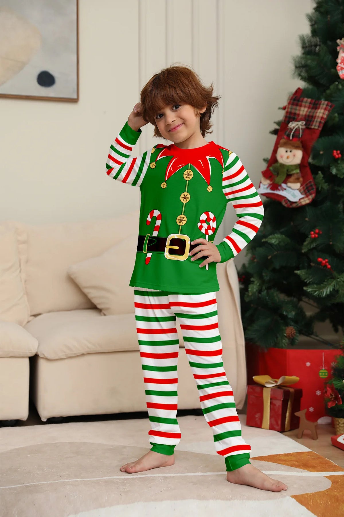 Christmas Family dress Christmas elements clothing for boys girls Adult baby set Halloween fun printed green stripe family dress