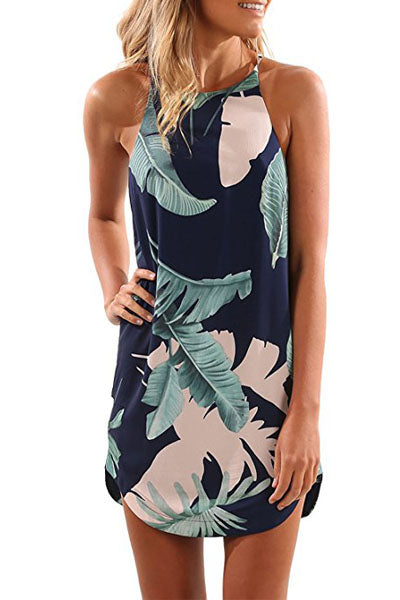 White Palm Tree Leaf Print Ivory Sleeveless Dress