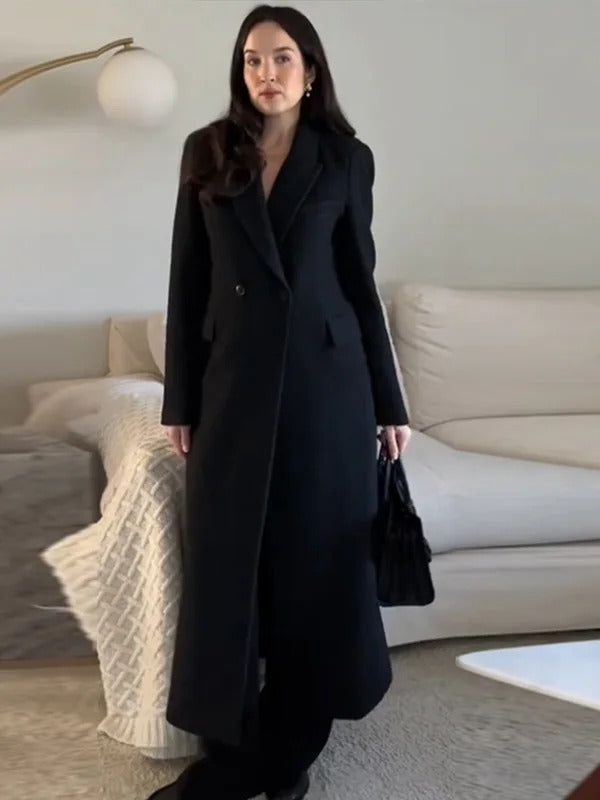 Elegant Winter Trench Coat Women Elegant V Neck Slim Medium-Length Black Waist-Fitted Jacket 2024 Lady New Streetwear Outerwears