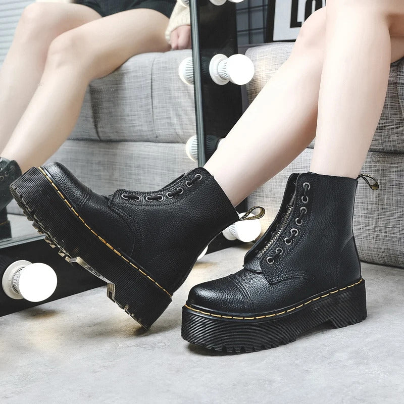 Women Boots Genuine Leather Platform Boots Motorcycle Shoes Front Zipper Optical Soles Fashion Sexy Punk Men Winter Boots 35-46