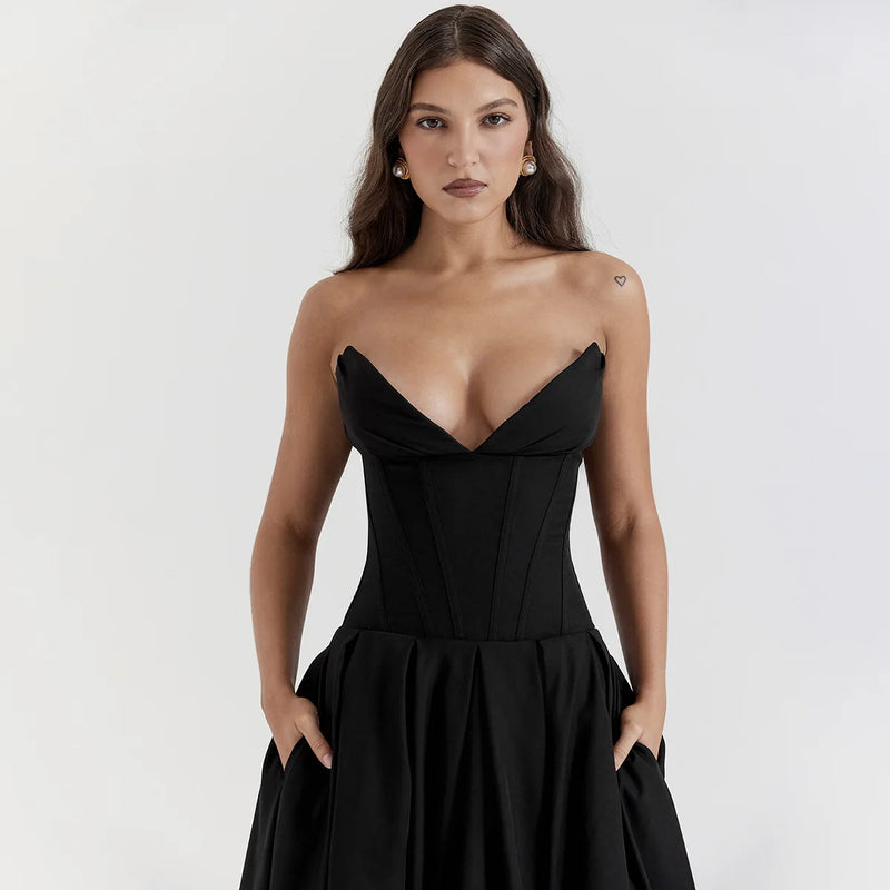 Suninheart Black Elegant Wedding Events Dress Sexy Strapless Corset Dress Midi Christmas Party Dresses for Women Clothing 2023