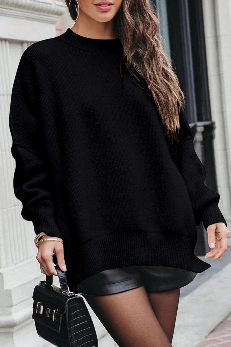 Gray Oversized Drop Shoulder Bubble Sleeve Pullover Sweater