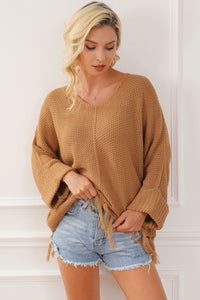 Camel Tasseled Hem Knit Baggy Sweater