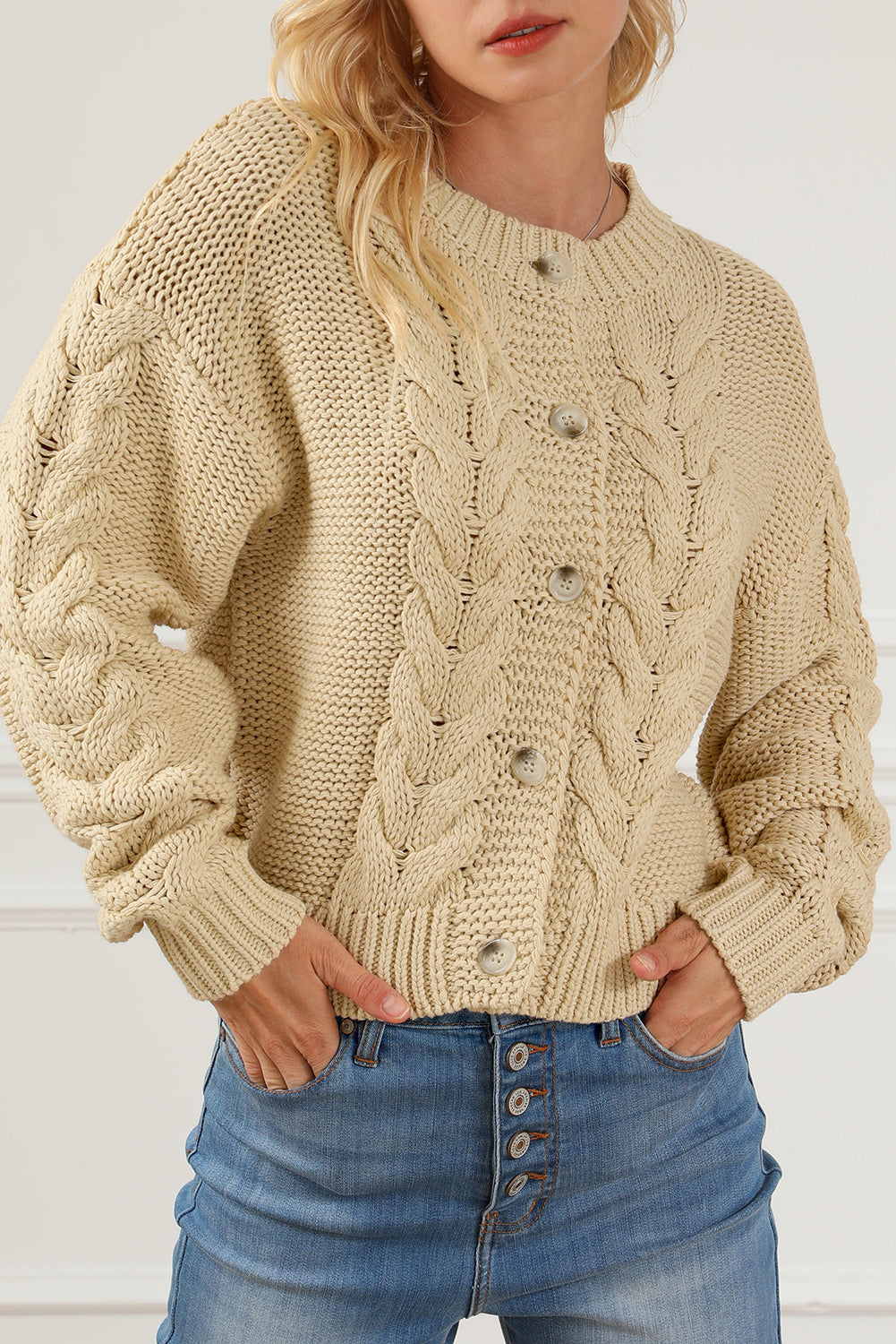 Apricot Cable Knit Buttoned Cardigan