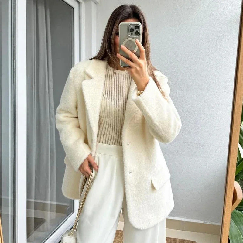 Loose Mohair Blazer Coats Women Chic Lapel Single-breasted Long Sleeve Suit Jackets 2024 Autumn winter Commute Outerwears Lady