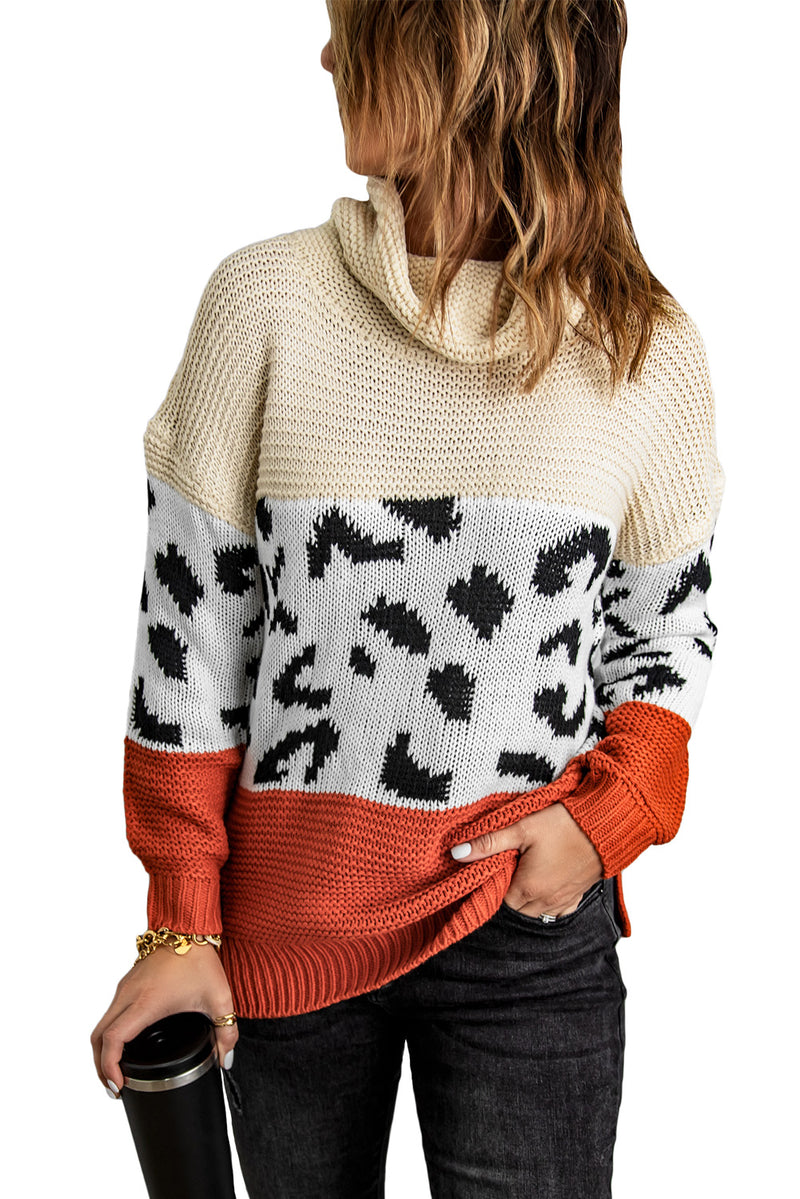 Apricot Turtleneck Splicing Chunky Knit Pullover Sweater