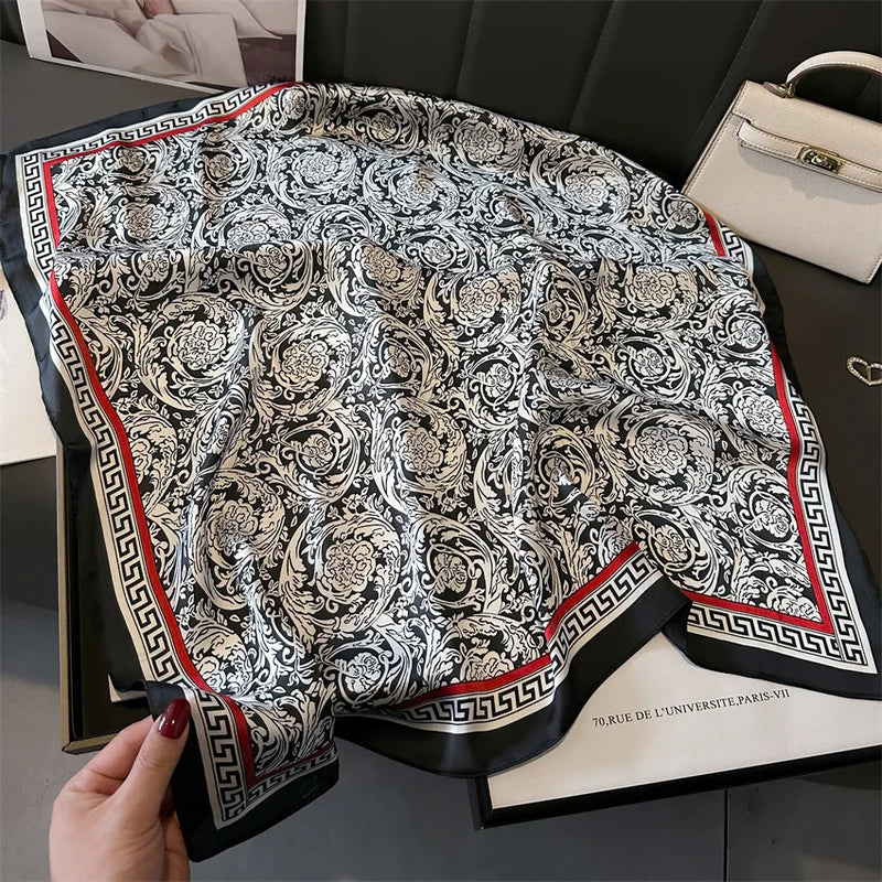 Luxury Spring Autumn New Imitated Silk Scarf Women 70cm Printed Square Scarf Soft Satin Headband Shawl Wrap Hijab Foulard Ribbon