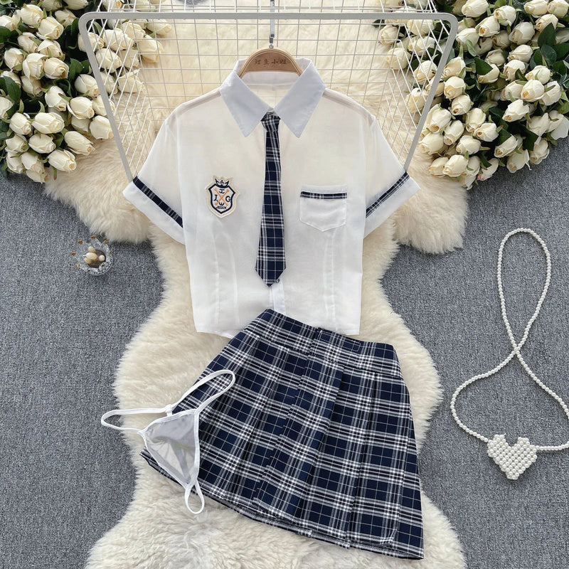 Japan Girls Vintage Cosplay Costume Sexy JK Uniform Skirt Suits Pajamas Outfits Erotic Striped Bow Tie Pleated Skirts Set