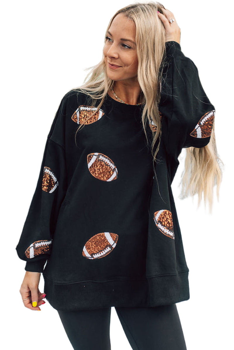 Black Sequin Rugby Graphic Pullover Sweatshirt