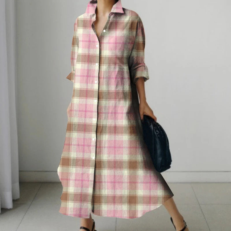 Plaid 3D Printed Shirt Long Dress Spring Summer Casual Long Dress Elegant Retro Collar Buttoned Shirt Dress Beach Cover-ups