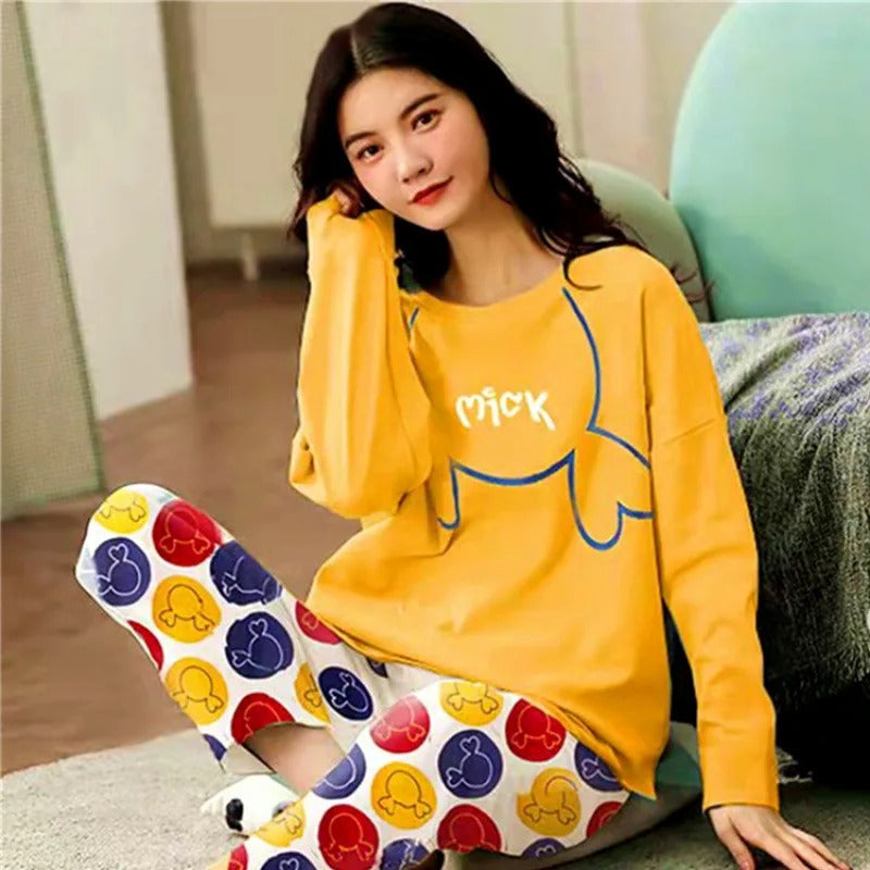 Fall and Winter Women's Suit Pajamas Long-Sleeved Long Pants Homewear Two-Piece Set Ladies Cartoon Pattern Sleepwear Loungewear