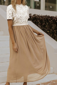 Clay Lace Short Sleeve Bodice Flowy Chiffon Long Dress