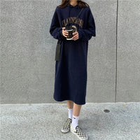 Long Hood Sweater Dress Women Autumn and Winter Fleece-lined Thickened Pullover Small Loose Mid-Length over-the-Knee Dress