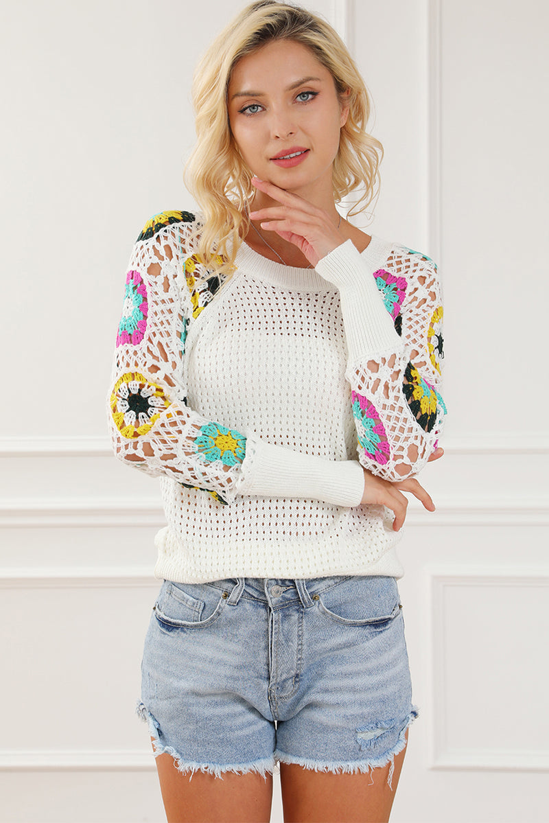 White Pointelle Floral Crochet Sleeve Sweater