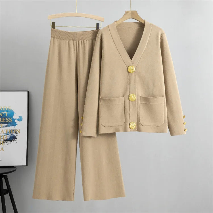 Fall Winter Women's Knit Sweater Sets Large Gold Button V-neck Cardigan Coats Conjunto High Waist Baggy 95cm Wide Leg Pants Suit