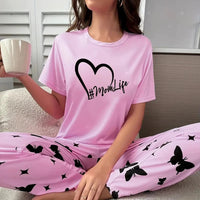 Women's Pajama Set Casual Heart print T-Shirt With Pants Sleepwear Loungewear Nightwear 2 Piece Sets Pijama Pajamas for women