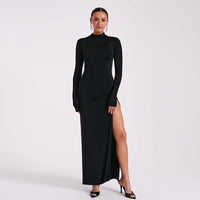 Tossy Black Backless Slim Long Dress For Women High Split Fashion Long Sleeve Patchwork Party Dress Ladies Elegant Maxi Dress