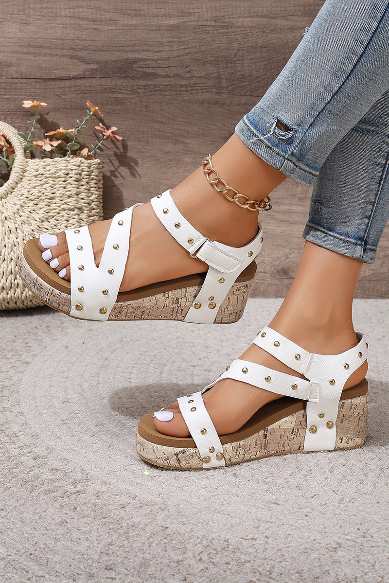 White Rivet Hollow Out Leather Wedge Sandals