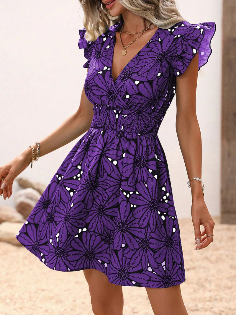 Chic Flower Print Vest A-Line Dress Women Summer V-Neck Mini Skirt Elegant Vacation Dresses