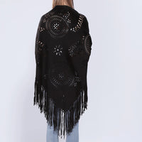 Women's Loose Suede Fringe Open Poncho Cloak Shawl Wrap with Punch Hole Patterns and Graceful Fringes Dropshipping