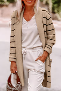 Black Stripe Shawl Neckline Open Cardigan with Pockets