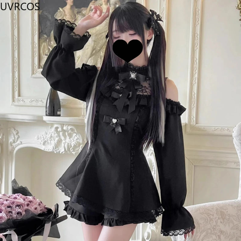 Japanese Gothic Style Rhinestone Bow Dress Shorts Set Women Lace Off Shoulder Long Sleeve Slim Shirts Dresses Lolita Y2k Outfits